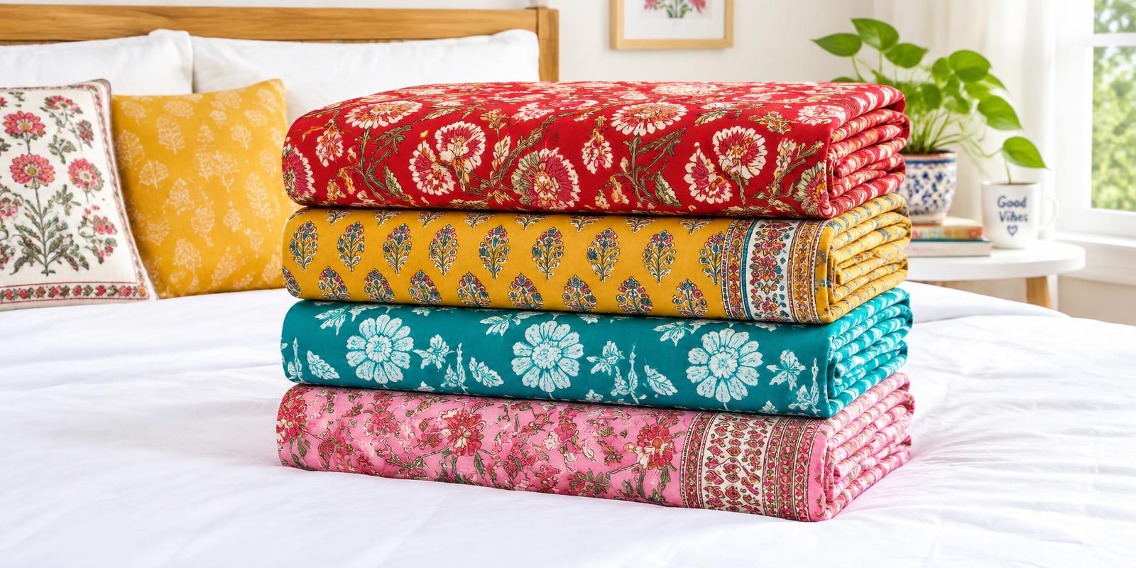 Stack of colourful printed bedsheets