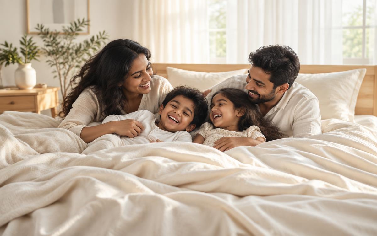 A family laughing together on soft cream-colored bedsheets in a sun-filled bedroom