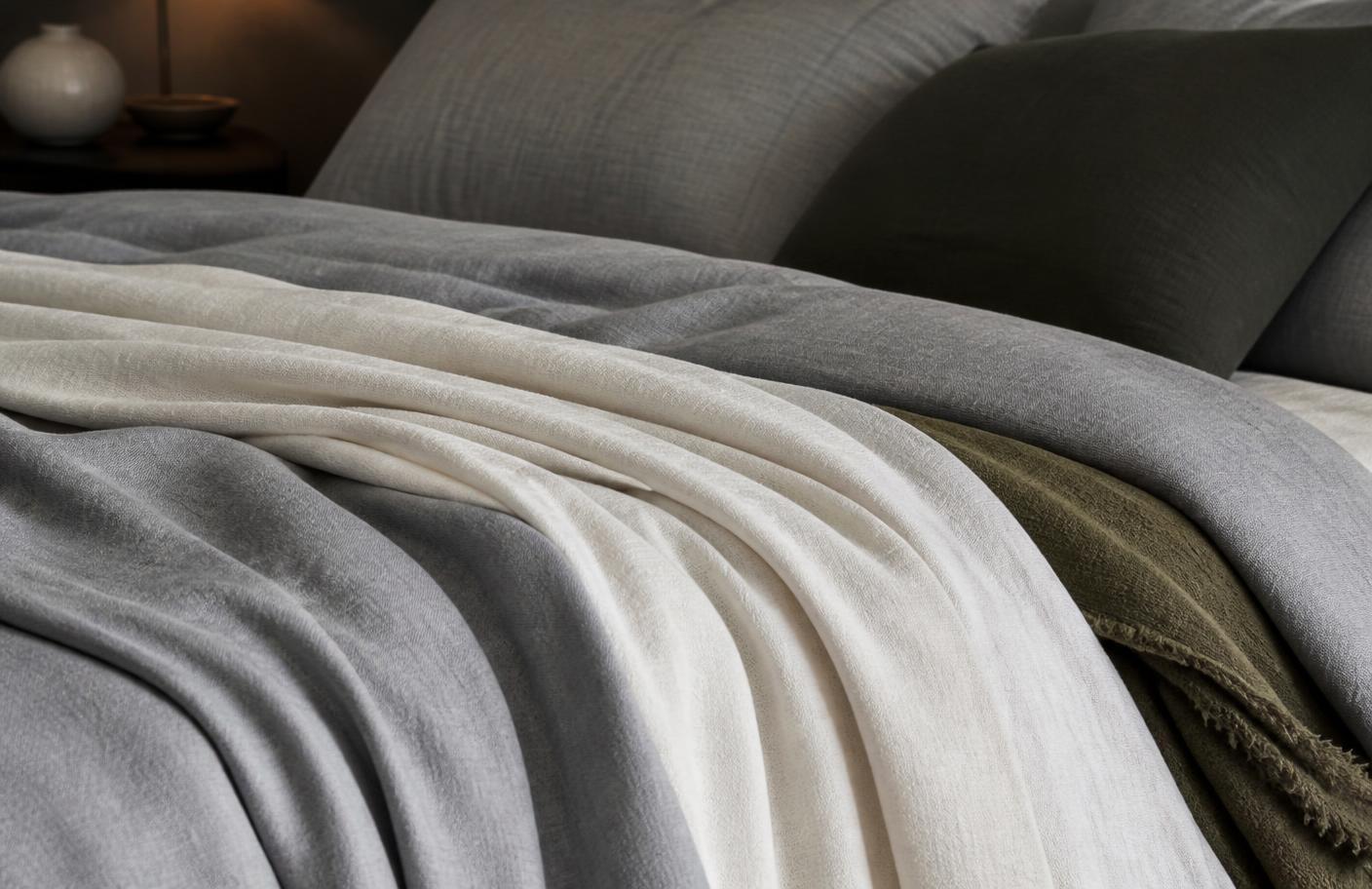Layered stone, ivory, and olive bed covers