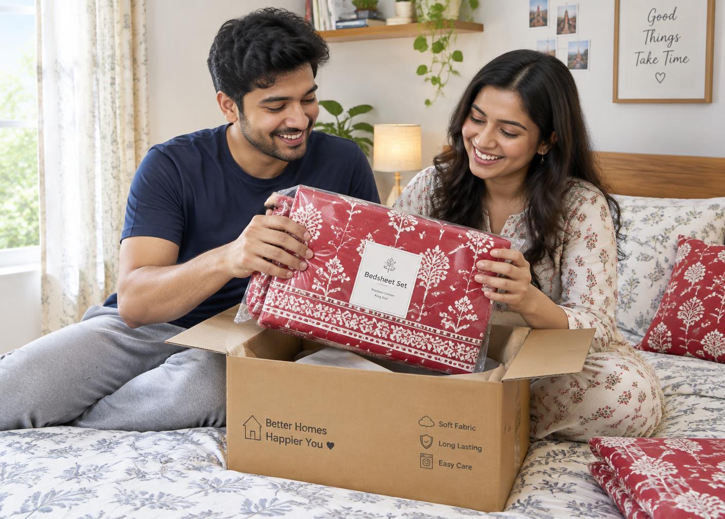 Couple unboxing a new red bedsheet set